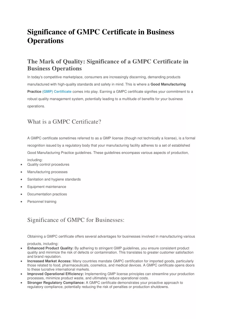 significance of gmpc certificate in business