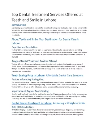 Top Dental Treatment Services Offered at Teeth and Smile in Lahore