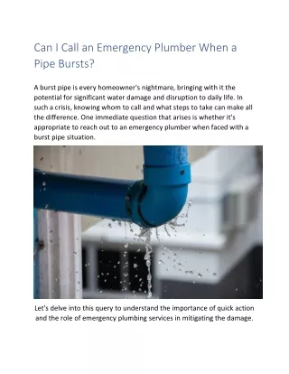 Can I Call an Emergency Plumber When a  Pipe Bursts?