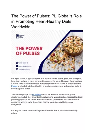 The Power of Pulses - PL Global's Role in Promoting Heart-Healthy Diets Worldwide