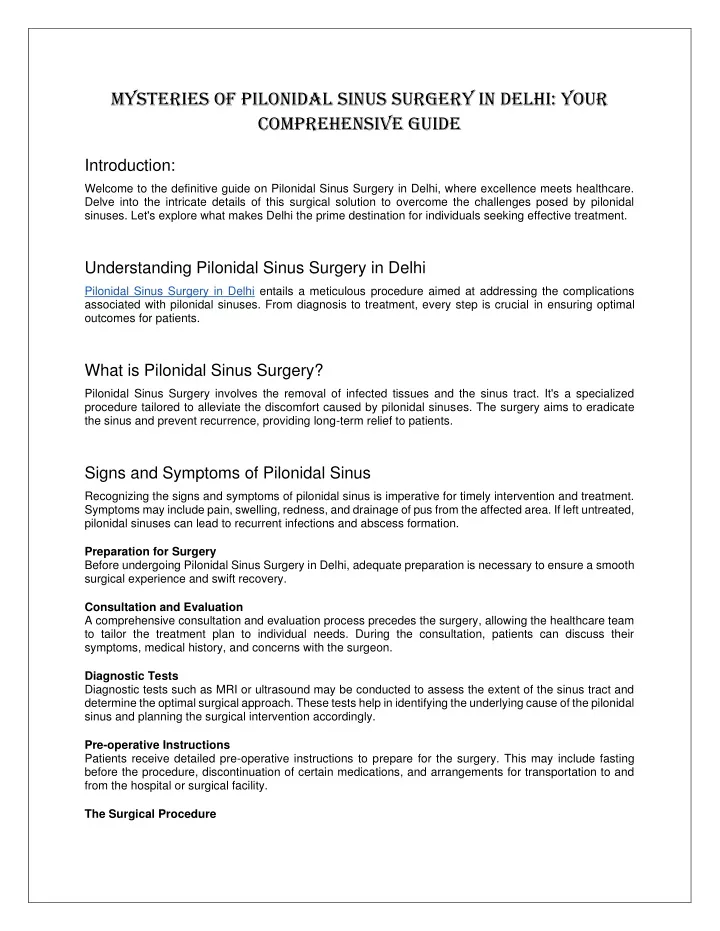 mysteries of pilonidal sinus surgery in delhi