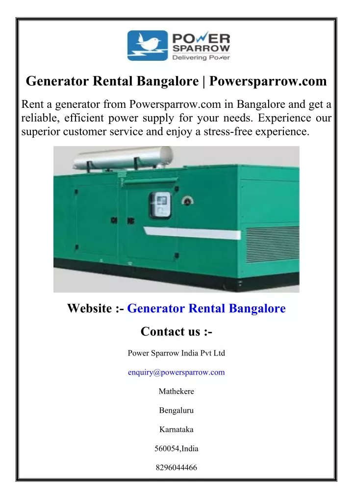 generator rental bangalore powersparrow com