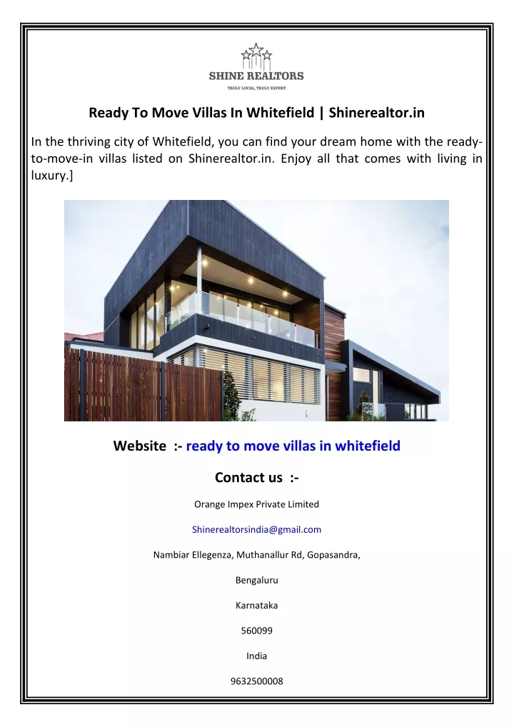 ready to move villas in whitefield shinerealtor in