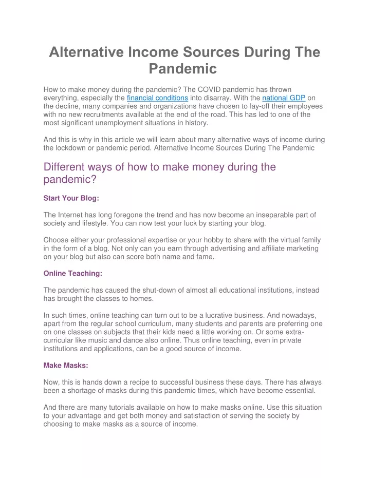 alternative income sources during the pandemic