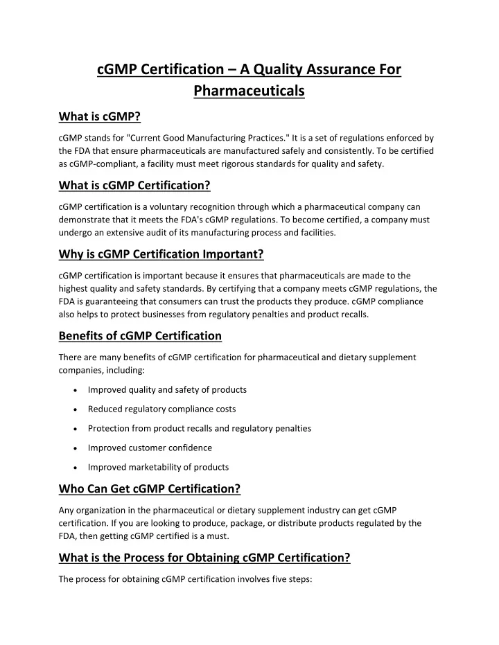 cgmp certification a quality assurance