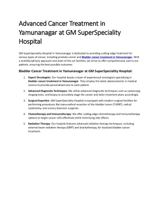 Advanced Cancer Treatment in  Yamunanagar at GM SuperSpeciality  Hospital