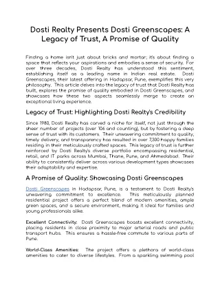 Dosti Realty Presents Dosti Greenscapes: A Legacy of Trust, A Promise of Quality