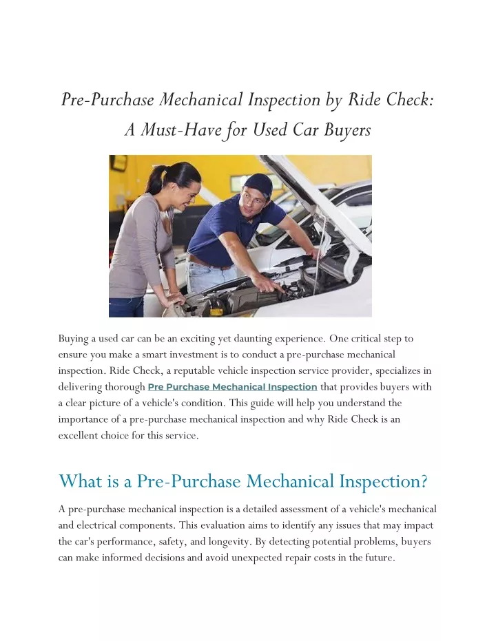 pre purchase mechanical inspection by ride check