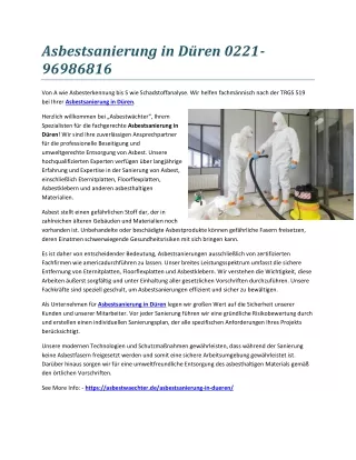 Asbestsanierung in Düren 0221-96986816