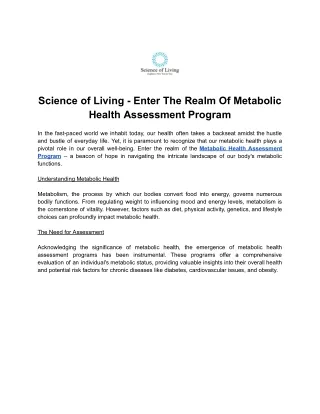 Science of Living - Enter The Realm Of Metabolic Health Assessment Program