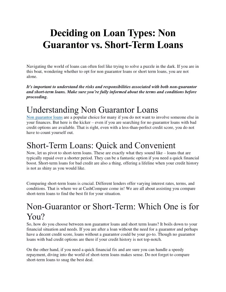 deciding on loan types non guarantor vs short
