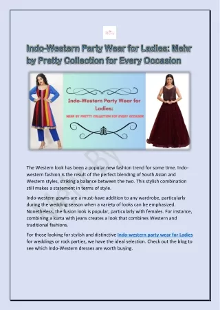Indo-Western Party Wear for Ladies Mehr by Pretty Collection for Every Occasion