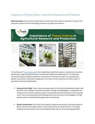 Importance of Tissue Culture in Agricultural Research and Production
