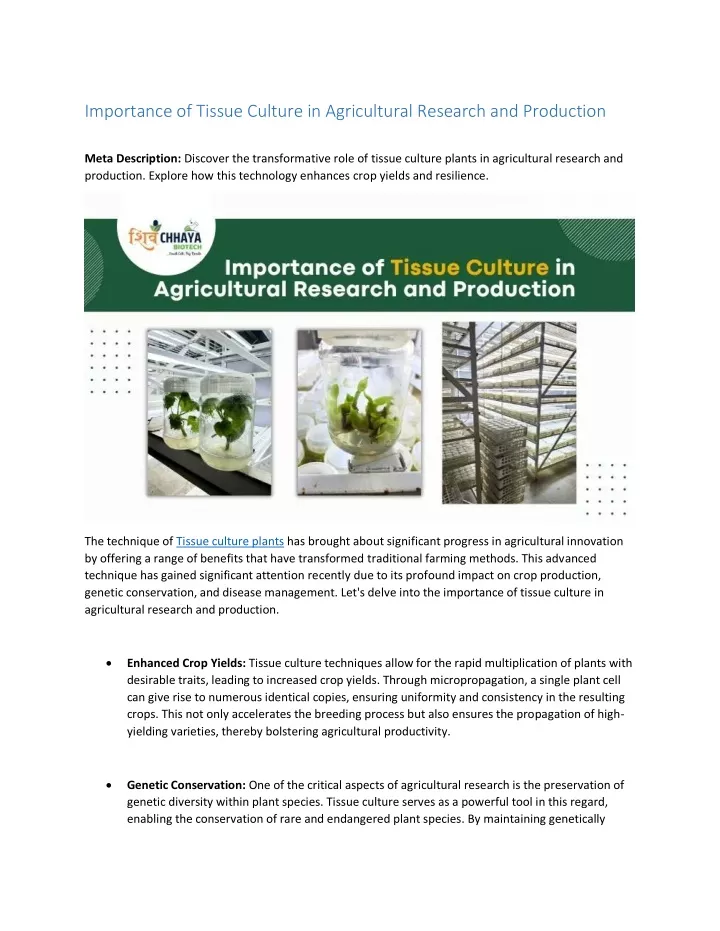 importance of tissue culture in agricultural