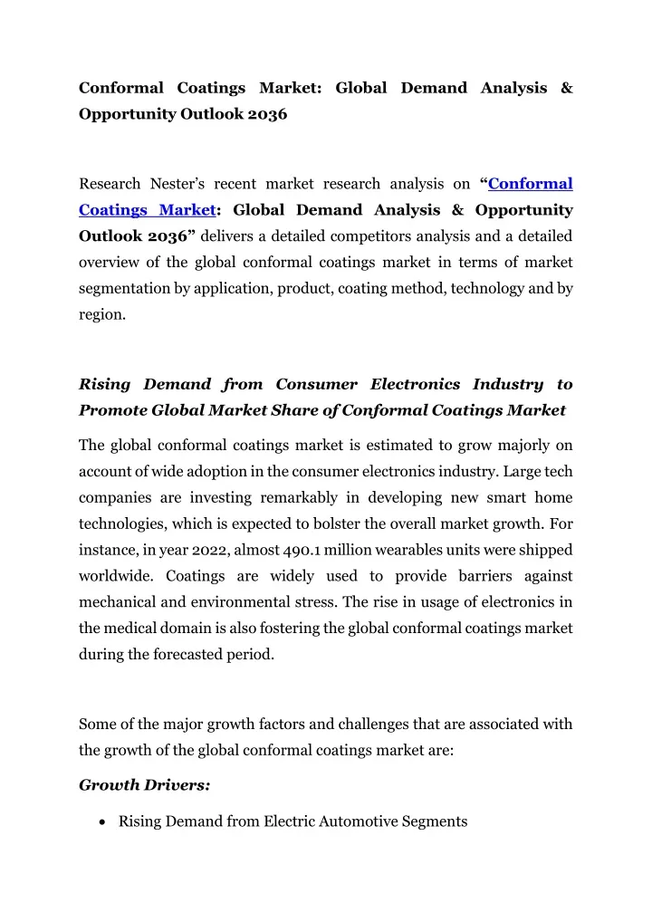 conformal coatings market global demand analysis