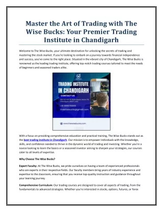 Master the Art of Trading with The Wise Bucks: Your Premier Trading Institute in