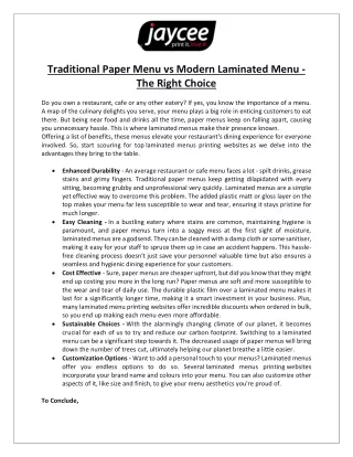 Jaycee - Traditional Paper Menu vs Modern Laminated Menu - The Right Choice