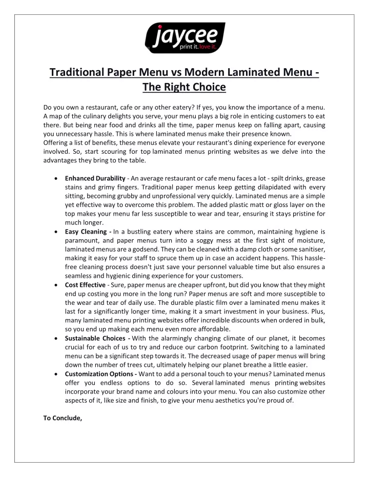 traditional paper menu vs modern laminated menu