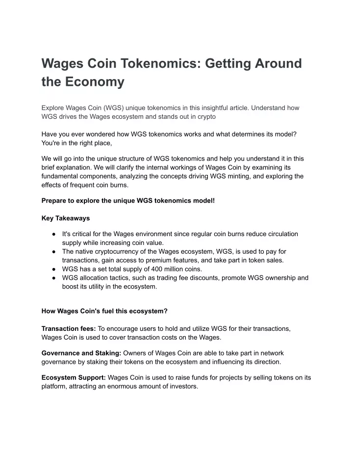 wages coin tokenomics getting around the economy