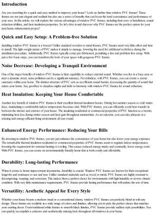 Quick and Easy Installation: Advantages of Window PVC Frames