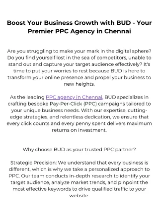 Boost Your Business Growth with BUD - Your Premier PPC Agency in Chennai