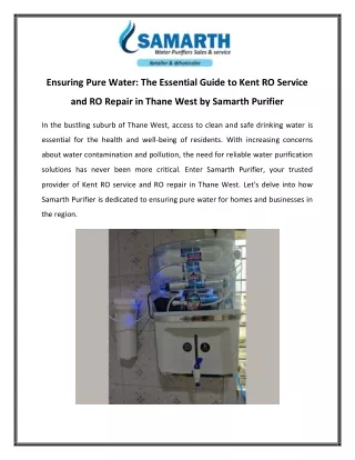 Ensuring Pure Water The Essential Guide to Kent RO Service and RO Repair in Thane West by Samarth Purifier