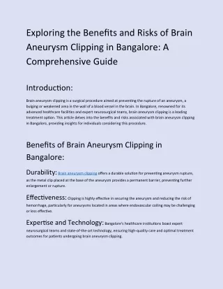 Exploring the Benefits and Risks of Brain Aneurysm Clipping in Bangalore