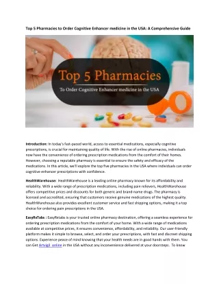 Top 5 Pharmacies to Order Cognitive Enhancer medicine in the USA
