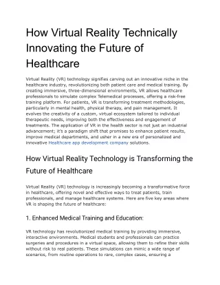 How Virtual Reality Technically Innovating the Future of Healthcare