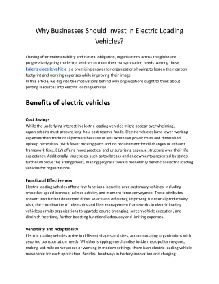 Why Businesses Should Invest in Electric Loading Vehicles