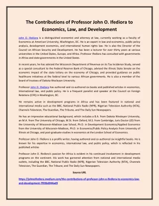 The Contributions of Professor John O  Ifediora to Economics  Law and Development