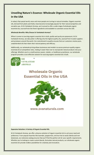 Unveiling Nature's Essence: Wholesale Organic Essential Oils in the USA