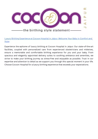 Luxury Birthing Experience at Cocoon Hospital in Jaipur Welcome Your Baby in Comfort and Style