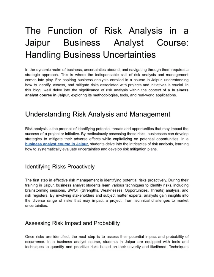 the function of risk analysis in a jaipur