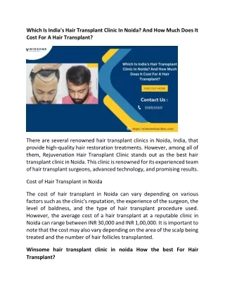Which Is India's Hair Transplant Clinic In Noida And How Much Does It Cost For A Hair Transplant