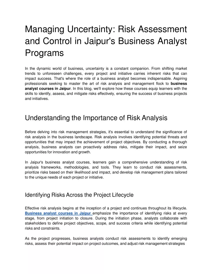 managing uncertainty risk assessment and control in jaipur s business analyst programs