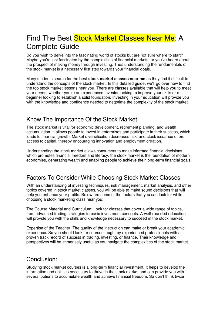 find the best stock market classes near