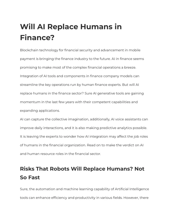 will ai replace humans in finance