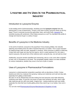 Lysozyme and Its Uses In the Pharmaceutical Industry