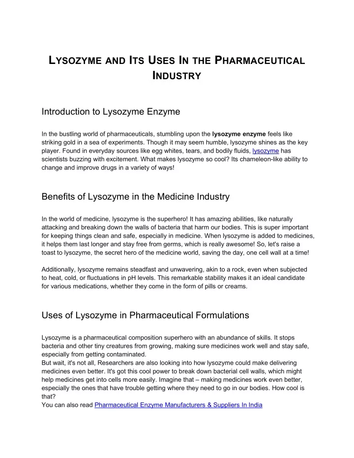 l ysozyme and i ts u ses i n the p harmaceutical