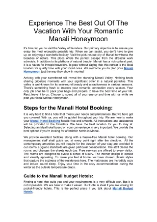Experience The Best Out Of The Vacation With Your Romantic Manali Honeymoon