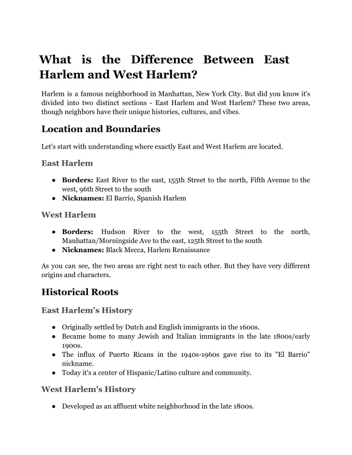 what is the difference between east harlem