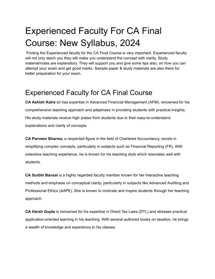 experienced faculty for ca final course