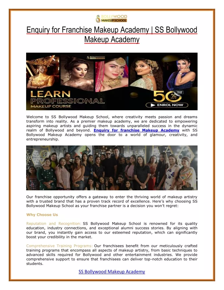 enquiry for franchise makeup academy ss bollywood