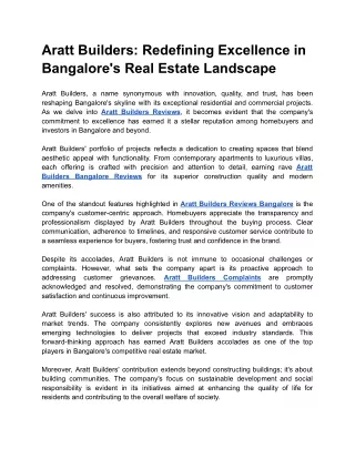 Aratt Builders_ Redefining Excellence in Bangalore's Real Estate Landscape