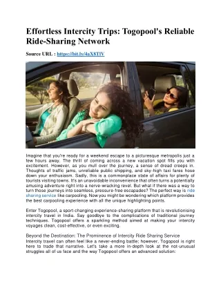 Effortless Intercity Trips- Togopool's Reliable Ride-Sharing Network