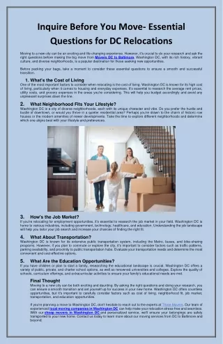 Inquire Before You Move- Essential Questions for DC Relocations