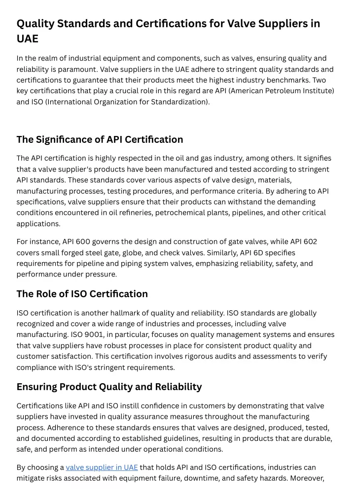 quality standards and certifications for valve