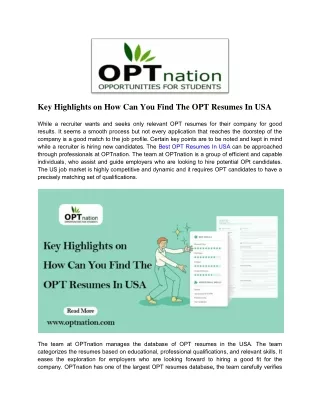 Key highlights on how can you find the OPT resumes in USA