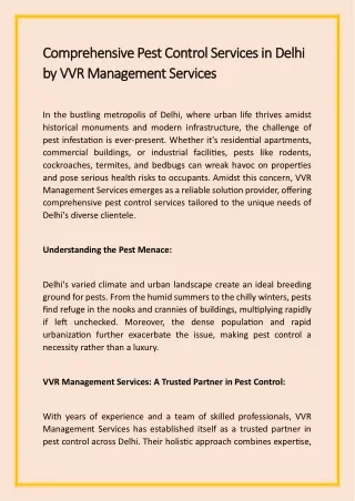 Comprehensive Pest Control Services in Delhi by VVR Management Services